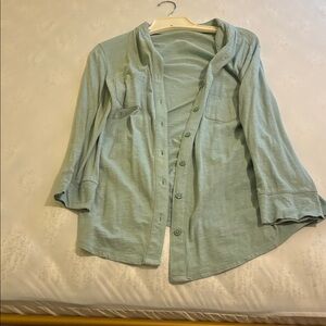 Light  sea foam Blue Button-Up cotton Cardigan 3/4